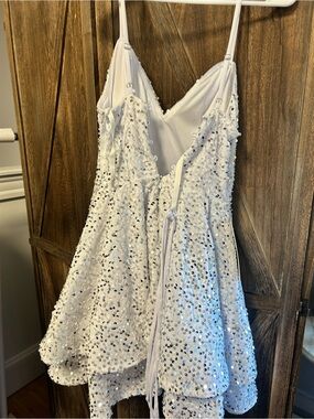 Sparkling White Sequin Prom Dress with V-Neck